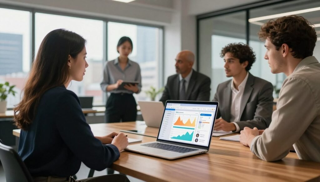 A modern office setting with a sleek wooden desk in the foreground, showcasing an open laptop displaying a colorful dashboard of sales software features, like graphs and customer interactions. In the middle, a diverse group of three business professionals, one woman and two men, are engaged in discussion, all wearing professional business attire. In the background, large windows provide natural light illuminating the room, with a view of a vibrant cityscape. The atmosphere conveys productivity and collaboration, with soft shadows creating a warm yet focused mood. Use a wide-angle lens to capture the dynamics of the setting, emphasizing the interaction of the figures while keeping the software dashboard as a focal point.