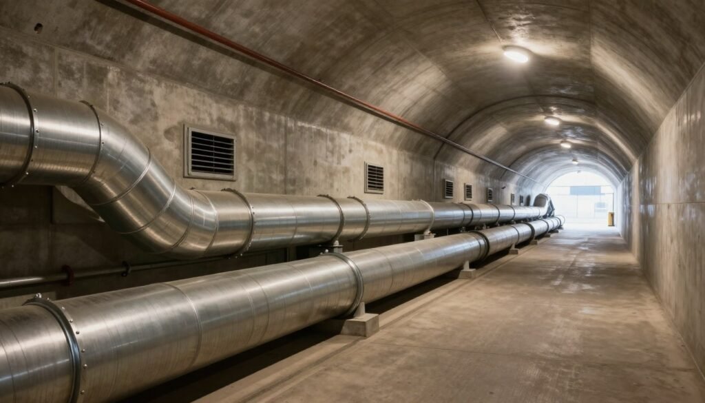 A modern underground tunnel designed for air supply and ventilation, showcasing efficient airflow systems. In the foreground, ventilation ducts with a sleek, metallic finish run along the tunnel's walls, illuminated by soft, even LED lighting that creates a calm and safe atmosphere. The middle ground highlights strategically placed air vents, allowing fresh air to circulate while ensuring safety. The background features a smooth, reinforced concrete tunnel extending into the distance with natural light source openings that provide a glimpse of daylight, enhancing the feeling of security and openness. The perspective is slightly elevated, capturing the tunnel’s length and technical details, while the overall mood is inviting and functional, emphasizing the importance of effective ventilation in safety design.