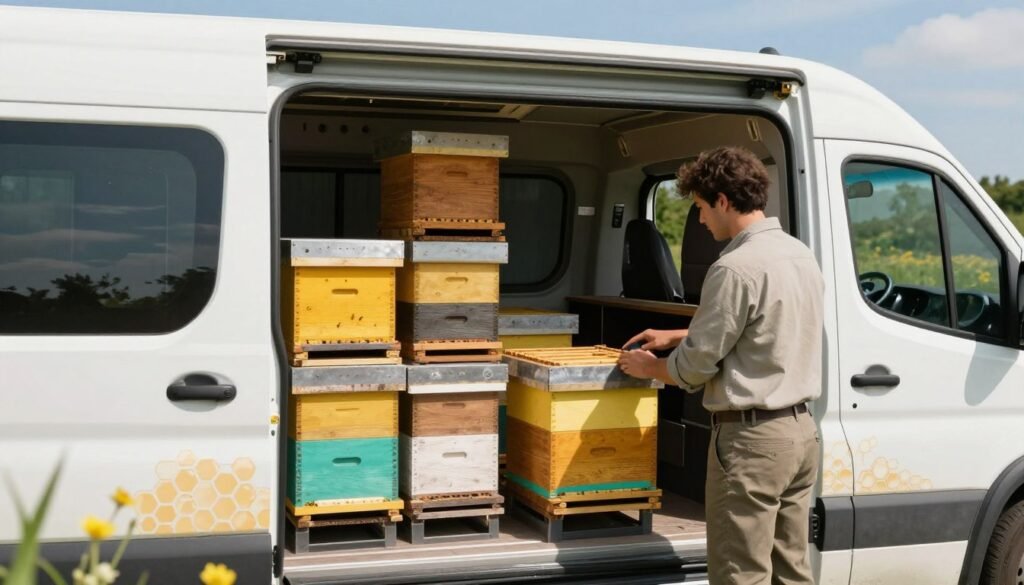 A modern vehicle designed for transporting beehives, equipped with secured hive compartments, showcasing a variety of vibrant hives in a well-organized layout. In the foreground, a professional in modest casual clothing checks the vehicle’s interior, surrounded by honeycomb patterns subtly incorporated in the design. The middle ground features a serene outdoor setting with a slight blur of wildflowers, indicating proximity to nature, while a clear blue sky overhead adds to the ambiance. Soft, natural lighting illuminates the scene, casting gentle shadows that enhance the textures of the hives and vehicle surfaces. The overall mood is calm and focused, conveying professionalism and care in transporting bees safely.
