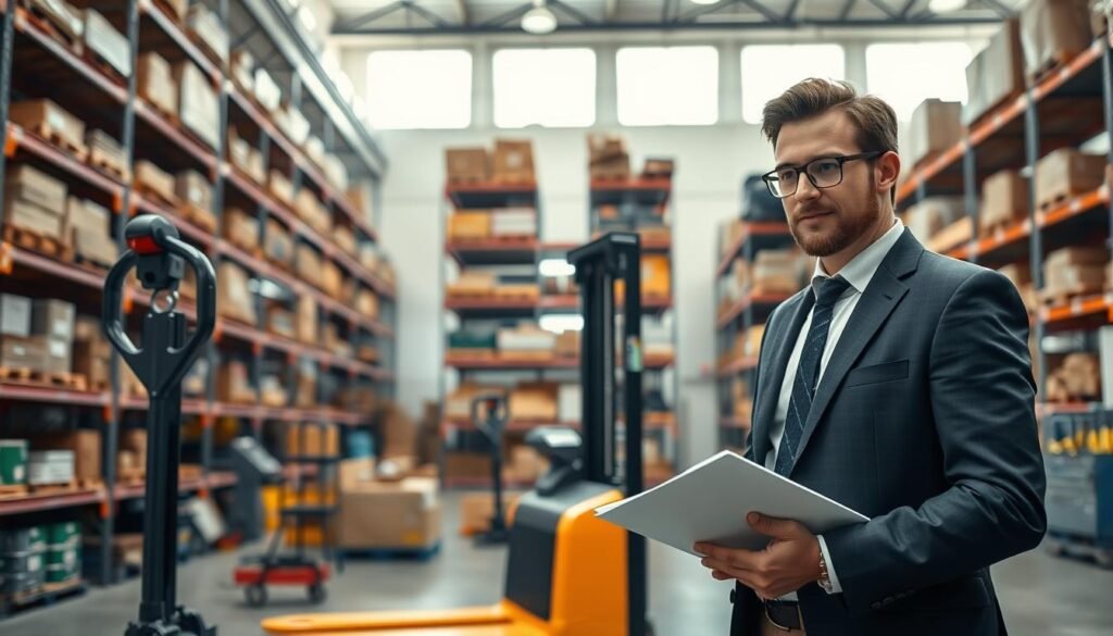 A modern warehouse setting captures the essence of a workspace evaluation. In the foreground, a professional-looking individual in business attire, holding a clipboard and a pen, inspects various equipment, particularly a commercial hive pallet jack. In the middle ground, neatly arranged shelves filled with goods and equipment showcase an organized workspace. The background reveals expansive warehouse space with high ceilings and bright, natural lighting filtering through large windows, emphasizing an efficient layout. The scene evokes a mood of focus and determination, highlighting the importance of assessing operational needs. The camera angle is slightly above eye level, providing a comprehensive view of the workspace, emphasizing both the pallet jack and the organizational tools present.