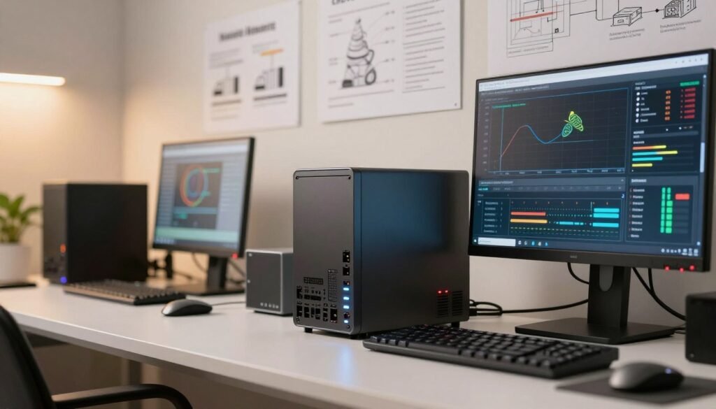 A modern workstation setup featuring a compact NUC computer, surrounded by high-tech monitoring equipment displaying data metrics. In the foreground, a sleek monitor showcases vibrant graphs and performance statistics related to post-installation hive monitoring. The middle ground includes the NUC device itself, elegantly designed with visible ports and LED indicators, placed on a clean, organized desk. In the background, soft lighting highlights a wall filled with technical diagrams and guidelines, creating an engaging atmosphere of focus and analysis. The scene conveys a professional mood, suitable for beginners, with warm tones and a sense of clarity. Use a wide-angle lens and soft-focus technique to create depth, while keeping the overall composition balanced and visually appealing. No text or annotations present.