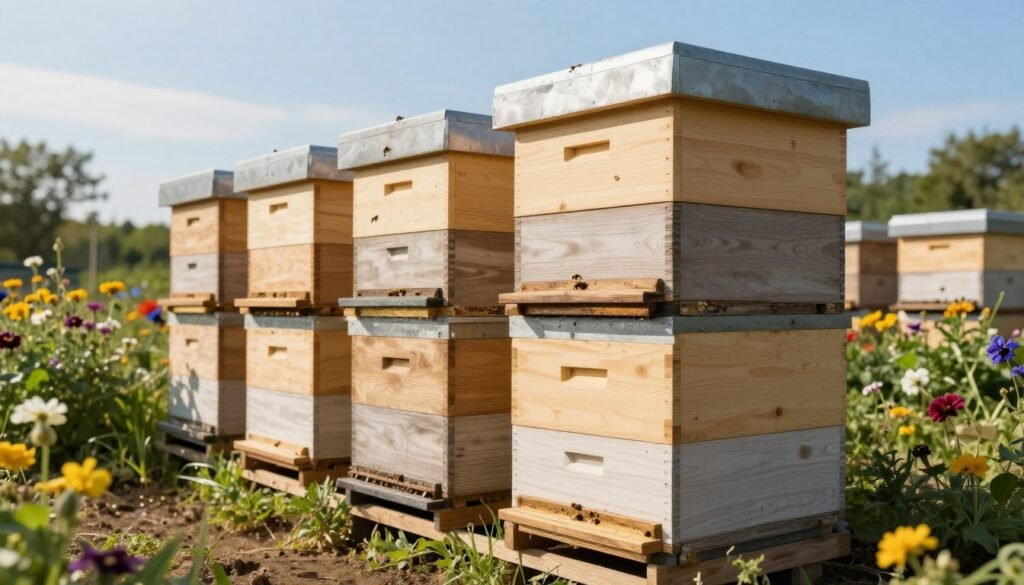 A neat arrangement of medium boxes designed for beehive brood nests, prominently displayed in the foreground with several boxes stacked on top of each other. The wooden boxes are painted in soft, natural colors, showcasing their smooth texture and precision craftsmanship. In the middle ground, a bee-friendly garden with vibrant flowers surrounds the boxes, attracting bees and enhancing the ecological atmosphere. The background features a clear blue sky illuminated by warm sunlight, casting gentle shadows on the ground. The scene should evoke a sense of harmony between nature and beekeeping practices, creating an inviting and informative mood. The angle captures the depth of the stacked boxes, emphasizing their functionality and importance in beekeeping.