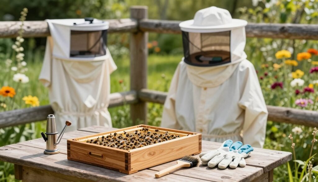 A neatly arranged display of essential equipment for starting with package bees, presented in a sunlit outdoor garden setting. In the foreground, a wooden beekeeper's hive is open, revealing frames filled with bees. Beside it, there are essential tools like a smoker, hive tool, bee brush, and protecting gloves, all meticulously placed on a rustic wooden table. In the middle ground, a beekeeping suit and veil hang on a wooden fence post, ready for use. The background features blooming flowers and greenery, creating a vibrant and inviting atmosphere. The sunlight casts soft shadows, enhancing the peaceful mood of a perfect day for beekeeping. The scene is captured with a shallow depth of field to emphasize the equipment while softly blurring the natural surroundings.
