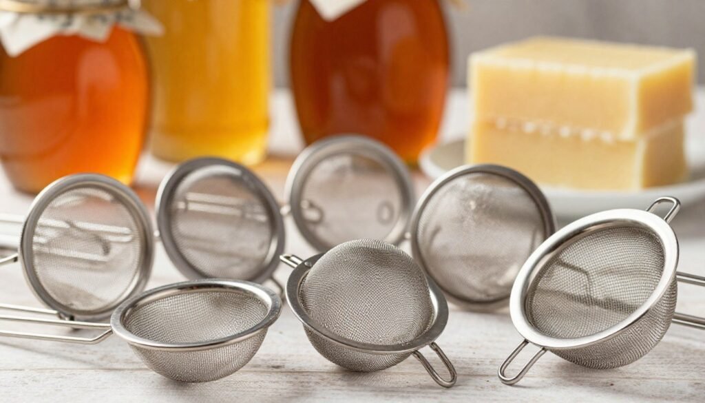 A neatly arranged display of honey strainers with varying mesh sizes, showcasing fine, medium, and coarse mesh options in the foreground. The strainers should be made of stainless steel, each one reflecting a different level of coarseness. In the middle, a soft-focus background featuring jars of honey and beeswax, indicating the context of honey harvesting. Natural lighting should create a warm, inviting atmosphere, highlighting the textures of the mesh and the glint on the honey jars. Use a shallow depth of field to draw attention to the strainers, with soft shadows enhancing the professional look. The overall mood should convey clarity, precision, and an appreciation for the craft of beekeeping. A neatly arranged display of honey strainers with varying mesh sizes, showcasing fine, medium, and coarse mesh options in the foreground. The strainers should be made of stainless steel, each one reflecting a different level of coarseness. In the middle, a soft-focus background featuring jars of honey and beeswax, indicating the context of honey harvesting. Natural lighting should create a warm, inviting atmosphere, highlighting the textures of the mesh and the glint on the honey jars. Use a shallow depth of field to draw attention to the strainers, with soft shadows enhancing the professional look. The overall mood should convey clarity, precision, and an appreciation for the craft of beekeeping.