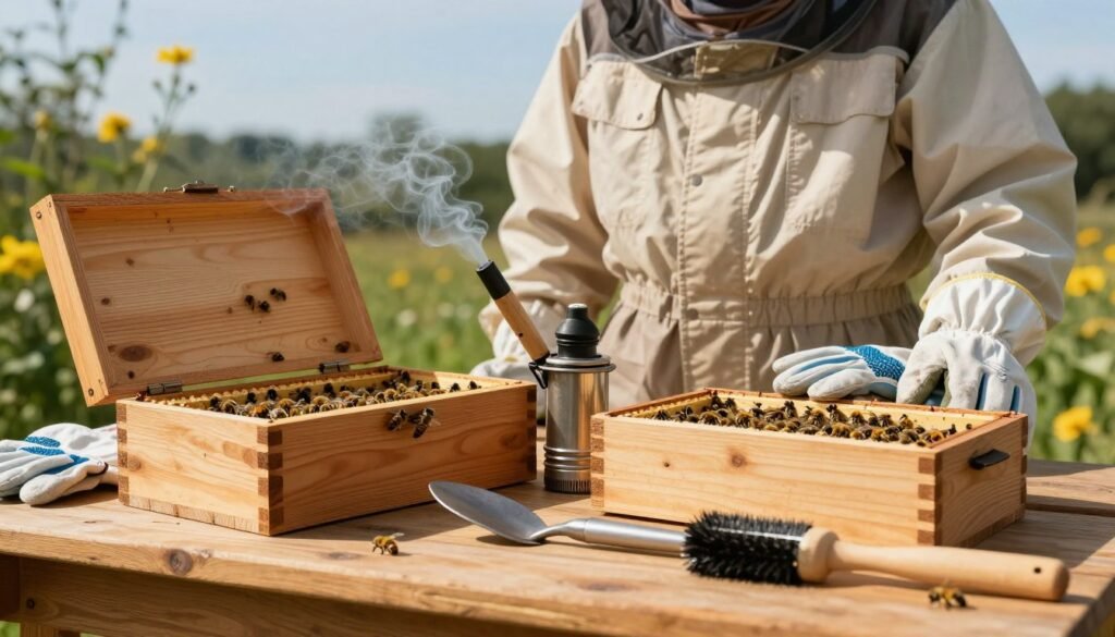 A neatly organized array of essential beekeeping equipment for package bee installation, displayed on a wooden table in a sunny outdoor setting. In the foreground, a wooden bee package box is open, revealing live bees buzzing attentively inside. Next to it, a smoker rests, emitting a gentle wisp of smoke, alongside a hive tool and a bee brush, all meticulously arranged. In the middle ground, a pair of protective gloves and a ventilated beekeeping jacket hang in the background, emphasizing safety and professionalism. The distant backdrop showcases flowering plants and a clear blue sky, creating a tranquil and inviting atmosphere. The lighting is warm and natural, highlighting the textures of the equipment and the bees, while maintaining a focus on clarity and detail in a realistic style. The image captures the essential tools for a successful package bee installation.