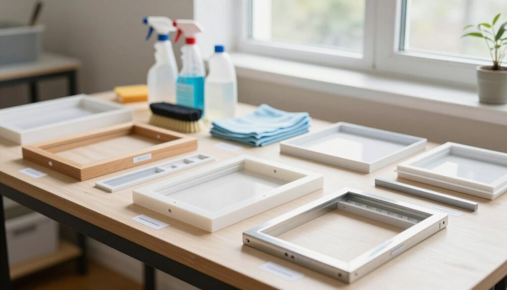 A neatly organized workspace showcasing various frames used for plastic foundation reassembly after a colony loss. In the foreground, focus on a sturdy workbench with different sizes and styles of frames: wooden, plastic, and metal, with clear labels, demonstrating preparation for reassembly. In the middle ground, include a collection of cleaning supplies—soft brushes, cloths, and sprays—arranged systematically. The background features a well-lit room with large windows allowing natural light to illuminate the space, casting soft shadows. Capture the essence of cleanliness and order, creating a calm and focused atmosphere. Use a shallow depth of field to emphasize the frames in the foreground while blurring the background slightly, highlighting the importance of proper storage and reassembly practices. A neatly organized workspace showcasing various frames used for plastic foundation reassembly after a colony loss. In the foreground, focus on a sturdy workbench with different sizes and styles of frames: wooden, plastic, and metal, with clear labels, demonstrating preparation for reassembly. In the middle ground, include a collection of cleaning supplies—soft brushes, cloths, and sprays—arranged systematically. The background features a well-lit room with large windows allowing natural light to illuminate the space, casting soft shadows. Capture the essence of cleanliness and order, creating a calm and focused atmosphere. Use a shallow depth of field to emphasize the frames in the foreground while blurring the background slightly, highlighting the importance of proper storage and reassembly practices.
