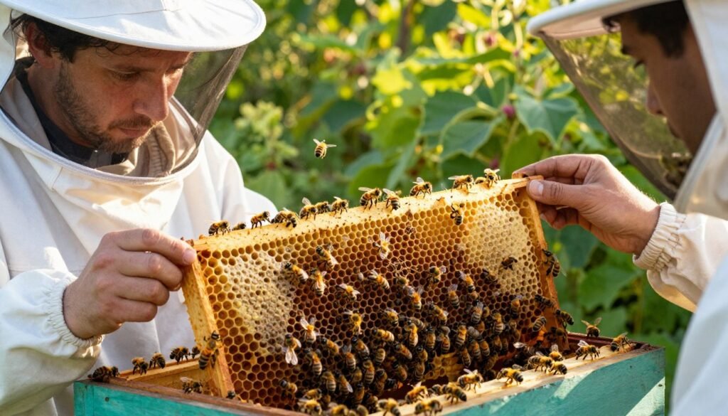 A new queen bee in a transparent observation hive, surrounded by worker bees, actively maintaining her position on a honeycomb cell. In the foreground, a beekeeper in a white suit and veil inspects the hive, showcasing a look of concentration and concern. The middle ground contains detailed honeycomb structures filled with larvae and capped cells, while bees are buzzing around, some appearing to respond to the presence of the new queen. The background features a lush green garden bathed in warm afternoon sunlight, casting soft shadows and highlighting the vibrant yellow and black of the bees. The mood conveys a mix of hope and tension, emphasizing the careful observation required for successful queen introductions.
