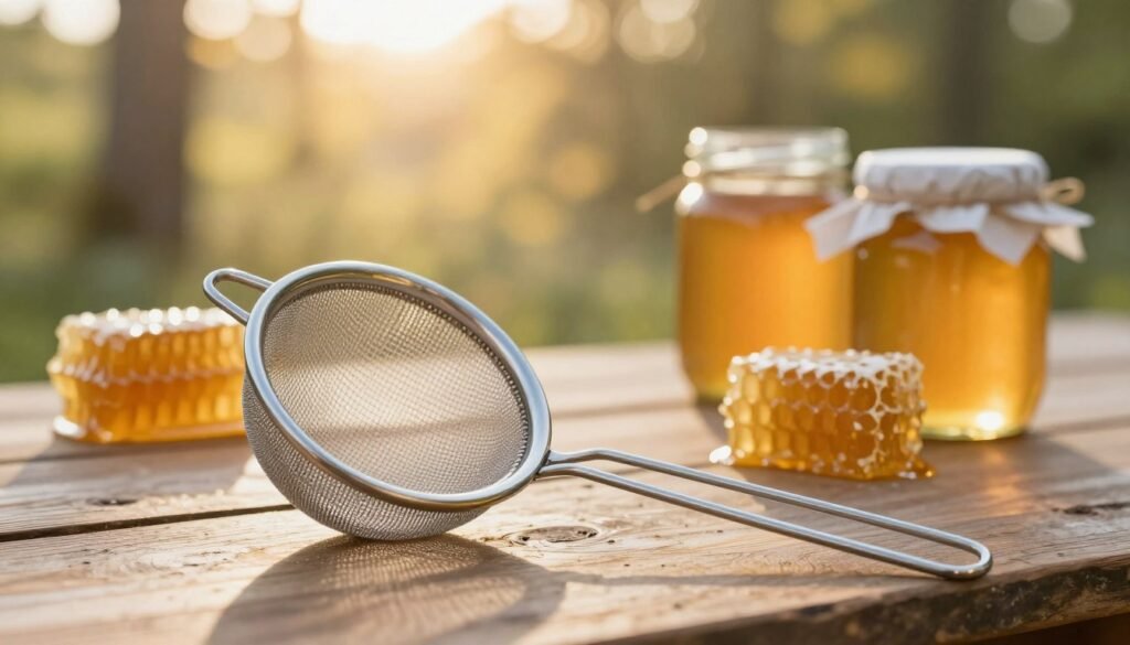 A nylon honey strainer is positioned prominently in the foreground, with its fine mesh texture catching the light to highlight its utility. The middle ground features a rustic wooden table scattered with honeycomb pieces and jars of freshly harvested honey, showcasing both coarse and fine strains side by side. In the background, a softly blurred natural setting with golden sunlight filtering through trees creates a warm and inviting atmosphere. The image is captured with a shallow depth of field, emphasizing the strainer while retaining an organic feel. The lighting is gentle and natural, evoking a sense of tranquility and authenticity associated with beekeeping. The overall mood is serene, fostering a connection between the viewer and the art of honey production.