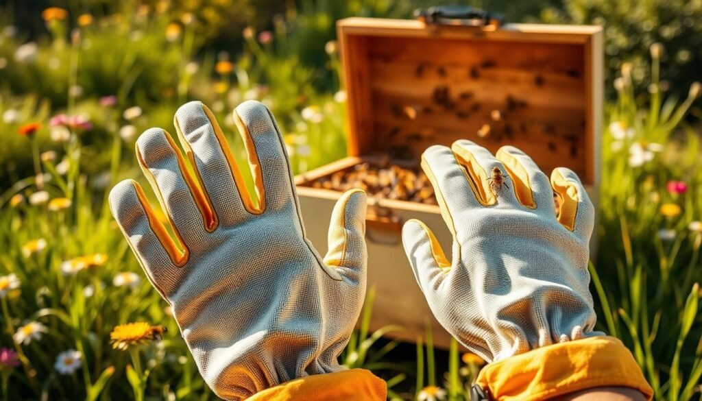A pair of professional beekeeping gloves, prominently displayed in the foreground, showcasing their durable material and protective features, such as reinforced palms and adjustable cuffs. In the middle ground, an open beekeeping box filled with buzzing bees, emphasizing the essential role of gloves in ensuring safety. The background features a sunny, vibrant apiary with flowering plants and soft green grass, creating a lively atmosphere. The lighting is warm and natural, mimicking late afternoon sunlight, casting gentle shadows to enhance the textures of the gloves. A close-up perspective captures the gloves' intricate stitching, inviting novice beekeepers to explore materials that provide comfort and protection. The overall mood is educational and inspiring, encouraging beginners to feel confident in their beekeeping journey.
