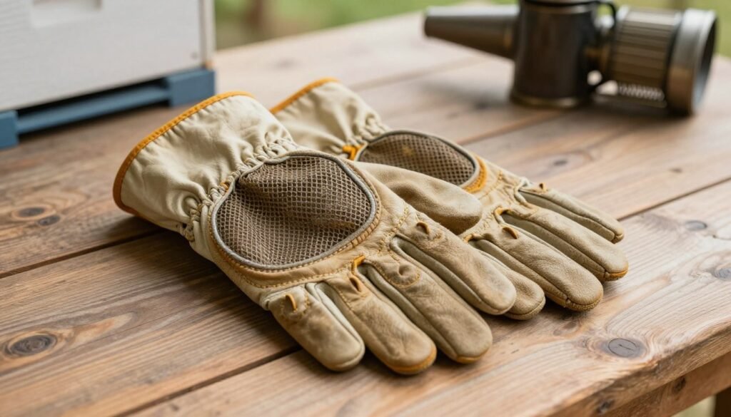 A pair of vented leather beekeeping gloves resting on a rustic wooden table, highlighted by soft, natural lighting that emphasizes the texture of the gloves. The gloves feature mesh panels along the fingers and wrists for breathability, showcasing intricate stitching and durable leather material. In the background, faint silhouettes of beekeeping equipment, such as a hive and a smoker, are blurred to maintain focus on the gloves. The atmosphere is serene and professional, conveying the importance of safety and comfort for beekeepers. The scene is captured with a slightly elevated angle, allowing a glimpse of the glove's interior while keeping the overall composition clean and uncluttered.