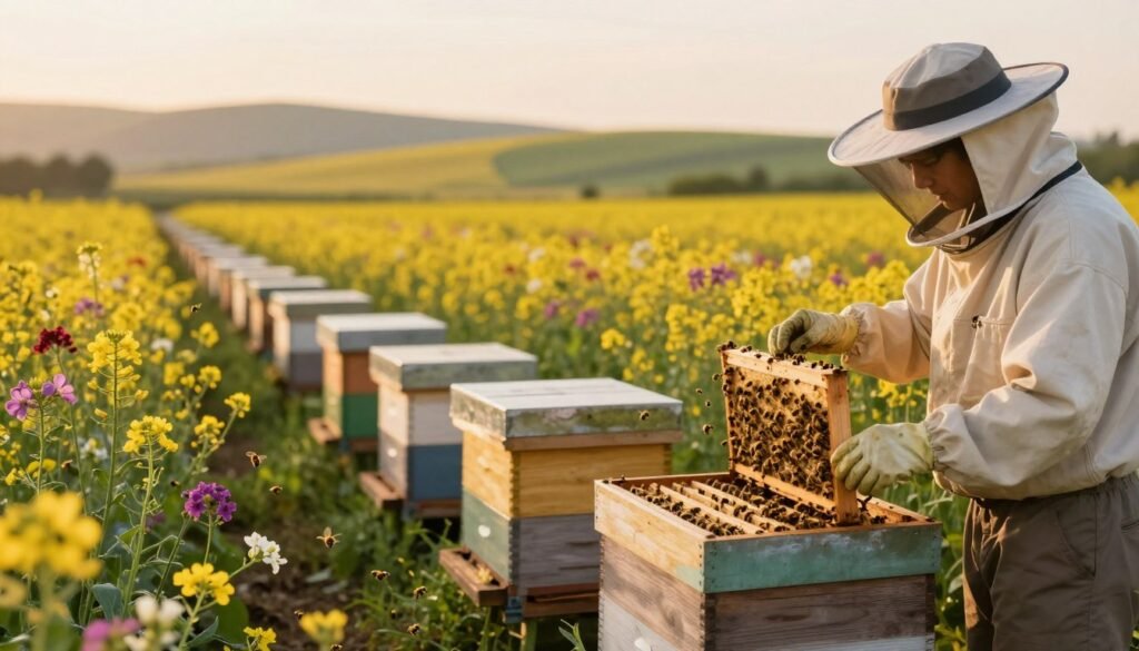 A peaceful agricultural landscape during the golden hour, showcasing a vibrant field of blooming crops being pollinated by bees. In the foreground, a diligent beekeeper in professional attire gently inspects a beehive, highlighting the importance of pollination services. The middle ground reveals rows of colorful flowers and varied crops, with bees actively buzzing around, emphasizing their role in crop health and productivity. The background shows distant rolling hills under a soft, warm light, creating a serene ambiance. The image is composed with a shallow depth of field, focusing on the bees and beekeeper, while the crops gradually blur into the background. The overall mood is optimistic and productive, illustrating the critical relationship between pollination and successful agriculture.