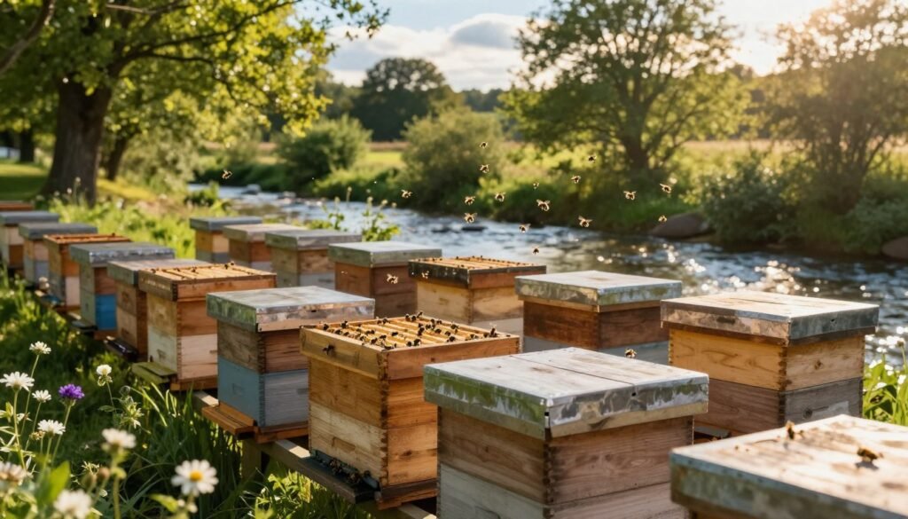 A peaceful apiary scene showcasing a well-organized hive placement to manage forager drift. In the foreground, multiple wooden bee hives are arranged systematically, with flowers blooming nearby to attract pollinators. The middle layer features bees actively foraging, taking off and landing around the hives, while a gently flowing stream is visible in the background, reflecting dappled sunlight. The background contains lush green trees and a soft blue sky with a few light clouds, creating a serene atmosphere. The lighting is warm and golden, reminiscent of late afternoon sun, with soft shadows enhancing the scene's depth. The image is captured from a slightly elevated angle, offering a comprehensive view of the hive layout and the surrounding natural beauty, emphasizing the importance of strategic hive placement. A peaceful apiary scene showcasing a well-organized hive placement to manage forager drift. In the foreground, multiple wooden bee hives are arranged systematically, with flowers blooming nearby to attract pollinators. The middle layer features bees actively foraging, taking off and landing around the hives, while a gently flowing stream is visible in the background, reflecting dappled sunlight. The background contains lush green trees and a soft blue sky with a few light clouds, creating a serene atmosphere. The lighting is warm and golden, reminiscent of late afternoon sun, with soft shadows enhancing the scene's depth. The image is captured from a slightly elevated angle, offering a comprehensive view of the hive layout and the surrounding natural beauty, emphasizing the importance of strategic hive placement.