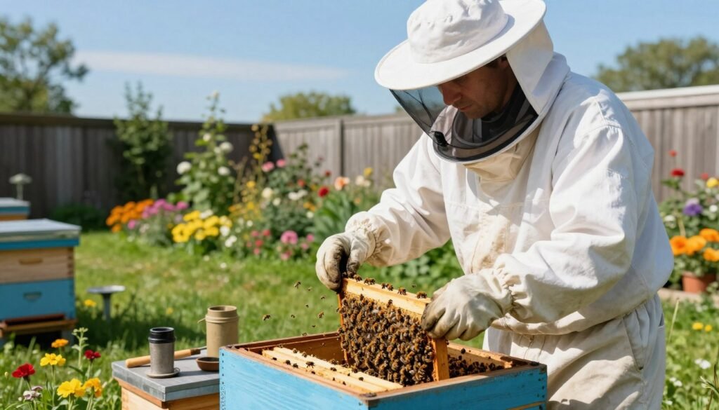A peaceful backyard setting during a sunny day with a clear blue sky. In the foreground, a beekeeping enthusiast, dressed in a white beekeeping suit with a veil, gently installs a new colony of bees into a wooden hive. The beekeeper is carefully handling a package of bees, showcasing detailed visual elements like the bees buzzing around and the open hive box. In the middle ground, colorful flowers and lush green grass create a vibrant environment, while small tools like a smoker and hive tool rest neatly nearby. In the background, a subtle wooden fence and a garden filled with blooming plants add to the serene atmosphere, emphasizing the connection between nature and beekeeping. The soft sunlight illuminates the scene, casting gentle shadows that enhance the inviting mood.