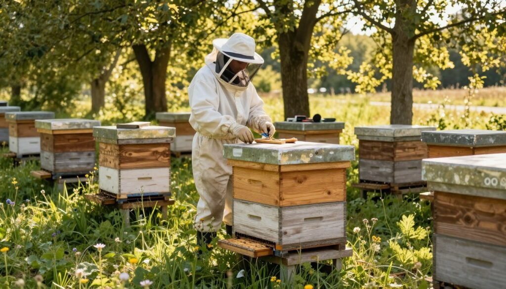 A peaceful bee yard in a sunlit clearing, showcasing a well-organized hive setup. In the foreground, a wooden hive box with a freshly painted entrance, surrounded by wildflowers and lush green grass. In the middle, a figure dressed in a white beekeeping suit and a veil, carefully preparing the hive location, placing tools neatly on a nearby table. The background features tall trees, their leaves shimmering in the soft sunlight, casting gentle, dappled shadows on the ground. The atmosphere is tranquil, with a warm golden hue enveloping the scene, emphasizing the importance of a well-prepared hive location for a thriving bee colony. The image is captured from a low angle, highlighting the details of the hive and the person at work, conveying a sense of focus and dedication.