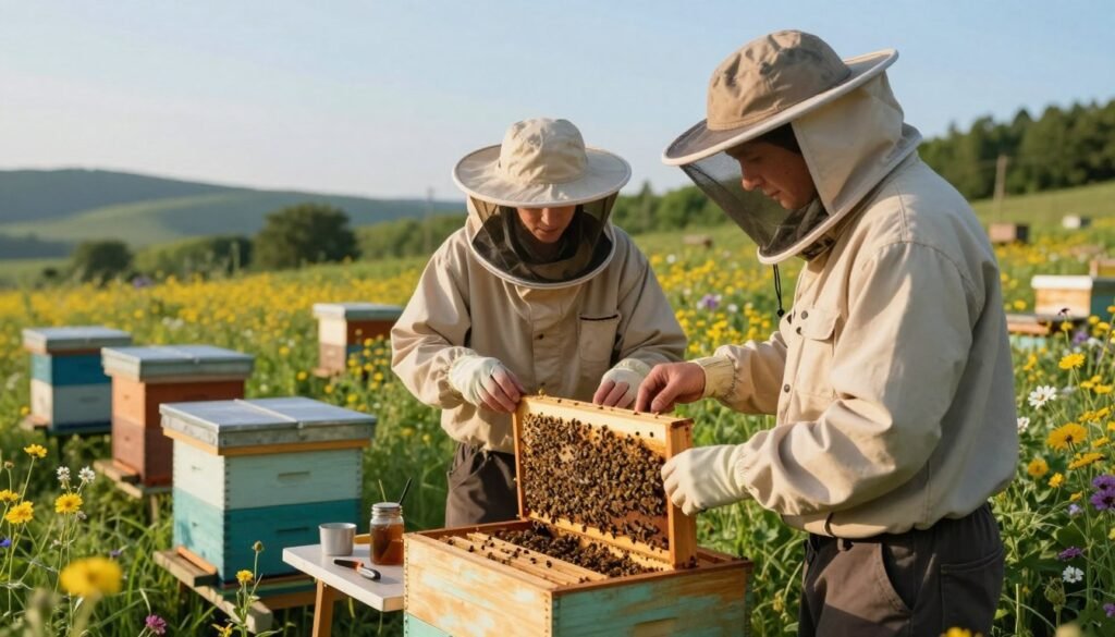 A peaceful outdoor setting showcasing two beekeepers in modest casual clothing preparing to integrate two small nucs. In the foreground, one beekeeper gently inspects a wooden nuc box filled with buzzing bees, while the other carefully arranges essential tools, like a hive tool and smoker, on a nearby table. The middle ground features several colorful beehives, surrounded by blooming wildflowers and lush greenery, under a clear blue sky. In the background, a soft-focus landscape of rolling hills adds depth to the scene. The lighting is warm and inviting, suggesting an early morning or late afternoon glow, creating a calm and focused atmosphere as the beekeepers work in harmony with nature. A peaceful outdoor setting showcasing two beekeepers in modest casual clothing preparing to integrate two small nucs. In the foreground, one beekeeper gently inspects a wooden nuc box filled with buzzing bees, while the other carefully arranges essential tools, like a hive tool and smoker, on a nearby table. The middle ground features several colorful beehives, surrounded by blooming wildflowers and lush greenery, under a clear blue sky. In the background, a soft-focus landscape of rolling hills adds depth to the scene. The lighting is warm and inviting, suggesting an early morning or late afternoon glow, creating a calm and focused atmosphere as the beekeepers work in harmony with nature.