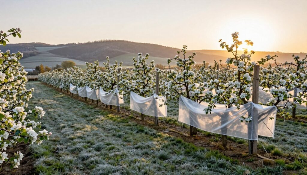 A picturesque orchard scene showcasing apple trees being methodically protected against frost. In the foreground, beautifully tended rows of blossoming apple trees, their delicate white flowers contrasting against green foliage. A light frost glistens on the grass and ground, hinting at recent cold temperatures. In the middle ground, protective blankets are carefully draped over select trees, demonstrating frost protection techniques. The background features rolling hills and a soft sunrise casting warm, golden light across the landscape, symbolizing the hope of successful blooming. The mood is serene and professional, evoking a sense of care and diligence in orchard management. The angle of the shot is slightly elevated to capture the outline of the orchard and its protective measures in a comprehensive view.