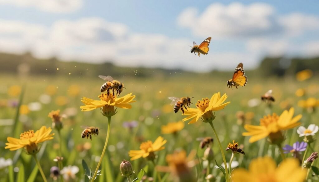 A picturesque outdoor scene capturing the essence of pollen season duration. In the foreground, vibrant wildflowers in full bloom emit visible pollen particles drifting through the air, softly illuminated by warm, golden sunlight. The middle ground features a diverse group of pollinators, like bees and butterflies, busily moving from flower to flower, showcasing their role in the pollination process. In the background, a lush green landscape transitions to a gentle blue sky scattered with fluffy white clouds, hinting at the season's beauty and life. The composition is captured from a low angle, emphasizing the flowers and pollinators while creating a sense of depth. The mood is lively and optimistic, embodying the transformational period of pollen season, without any text or distractions in the image.