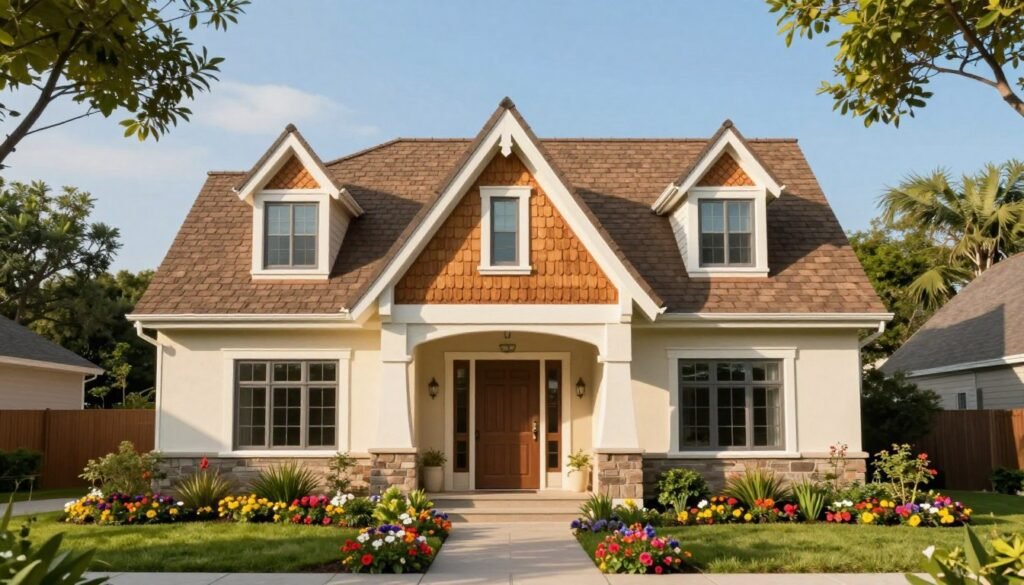 A picturesque residential scene showcasing a house with a gabled roof designed for aesthetic curb appeal. The foreground features a well-maintained garden with colorful flowers and lush greenery flanking the pathway leading to the front door. In the middle ground, the charming house stands proudly, the gabled roof elegantly accented by decorative shingles and a harmonious paint scheme. The background reveals a clear blue sky, enhancing the scene's brightness. Soft, warm sunlight bathes the entire image, creating inviting shadows that add depth. The camera angle gives a slightly elevated view, capturing the roof's intricate details and the overall appeal of the home, embodying a cozy, welcoming atmosphere.