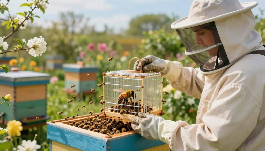 A picturesque scene depicting the introduction of a new queen bee to a hive, set in a lush garden during early morning light. In the foreground, a skilled beekeeper in professional attire, wearing gloves and a veil, gently holds a transparent queen cage containing a beautifully marked queen bee. The middle ground features a vibrant beehive, with bees buzzing around, showcasing their lively activity while some cluster around the queen. The background consisting of blooming flowers, green foliage, and a clear blue sky adds a serene and harmonious atmosphere. Soft, warm lighting enhances the details of the bees and vegetation, creating an inviting and educational mood, emphasizing best practices for introducing a new queen bee. A picturesque scene depicting the introduction of a new queen bee to a hive, set in a lush garden during early morning light. In the foreground, a skilled beekeeper in professional attire, wearing gloves and a veil, gently holds a transparent queen cage containing a beautifully marked queen bee. The middle ground features a vibrant beehive, with bees buzzing around, showcasing their lively activity while some cluster around the queen. The background consisting of blooming flowers, green foliage, and a clear blue sky adds a serene and harmonious atmosphere. Soft, warm lighting enhances the details of the bees and vegetation, creating an inviting and educational mood, emphasizing best practices for introducing a new queen bee.
