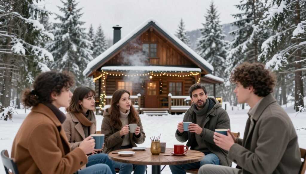 A picturesque winter scene depicting a lively debate between two groups at the upper entrance of a quaint cabin surrounded by snow-covered trees. In the foreground, a diverse group of four individuals dressed in smart casual winter attire passionately discussing over steaming mugs, with expressions of determination and curiosity. The middle layer features a rustic cabin with smoke gently rising from the chimney, surrounded by twinkling holiday lights that add warmth to the chill of the setting. In the background, tall evergreen trees dusted with snow create a tranquil atmosphere, under a soft, overcast sky that diffuses the light evenly. The overall mood is vibrant yet contemplative, capturing the essence of thoughtful discussion amidst a serene winter landscape.