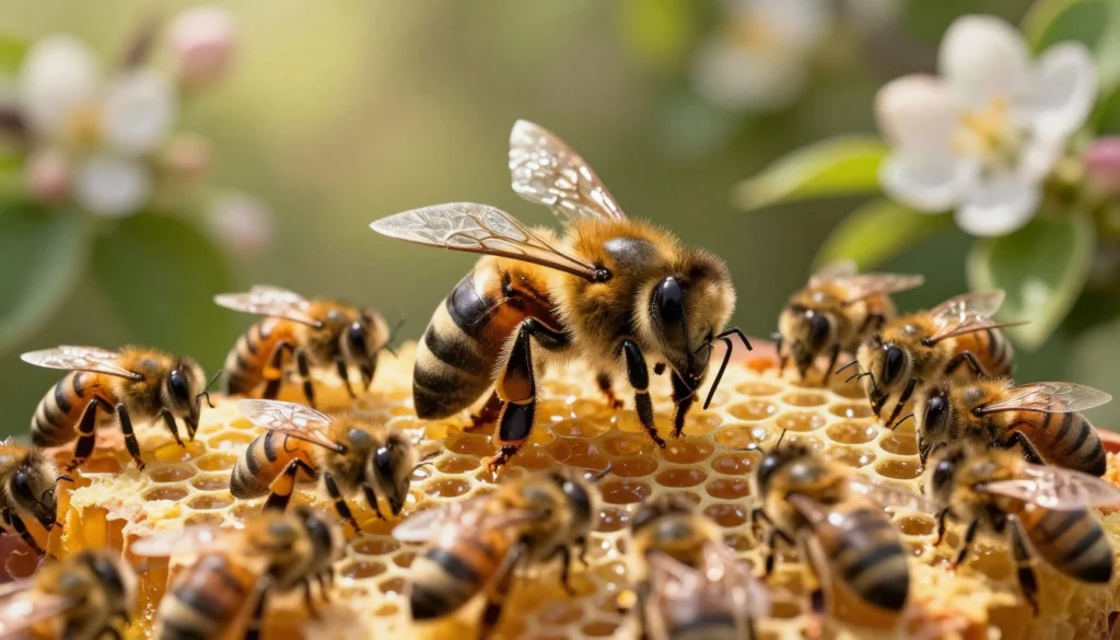 A poised new queen bee, glossy black and gold, sits at the center of a lush beehive, surrounded by busy worker bees