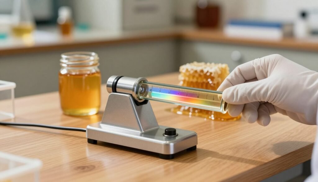 A polished honey refractometer placed prominently in the foreground on a sleek wooden table. The refractometer features a glass prism housing, metallic body, and measurement scales that reflect light. A hand wearing a white lab glove gently holds it, positioning it to catch the light through the prism, revealing a spectrum of honey colors within. In the middle ground, a small jar of golden honey and a honeycomb piece are artfully arranged, suggesting the connection to honey's refractive properties. The background is softly blurred, hinting at a warm, well-lit laboratory setting with shelves of beekeeping tools and scientific books. The overall atmosphere conveys a sense of precision and professionalism, ideal for understanding the function of a honey refractometer in honey analysis. A polished honey refractometer placed prominently in the foreground on a sleek wooden table. The refractometer features a glass prism housing, metallic body, and measurement scales that reflect light. A hand wearing a white lab glove gently holds it, positioning it to catch the light through the prism, revealing a spectrum of honey colors within. In the middle ground, a small jar of golden honey and a honeycomb piece are artfully arranged, suggesting the connection to honey's refractive properties. The background is softly blurred, hinting at a warm, well-lit laboratory setting with shelves of beekeeping tools and scientific books. The overall atmosphere conveys a sense of precision and professionalism, ideal for understanding the function of a honey refractometer in honey analysis.