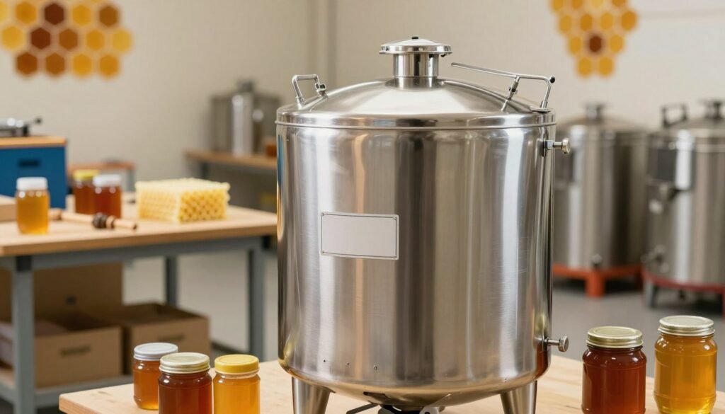 A polished stainless steel honey storage tank is prominently featured in the foreground, showcasing its sleek surface and reflective qualities. The tank should have a capacity label indicating a mid-sized volume, surrounded by various honey jars and tools used in honey processing, conveying a professional hive operation. In the middle ground, a workbench is visible with scattered beekeeping equipment and beeswax, hinting at an active commercial workshop. The background softly fades into a well-lit and organized manufacturing space, adorned with honeycomb patterns on the walls. The lighting is warm and inviting, enhancing the metallic sheen of the tank and creating a professional atmosphere. The angle should be slightly tilted to give depth, emphasizing both the tank and the equipment, encapsulating the essence of a busy yet efficient honey operation.