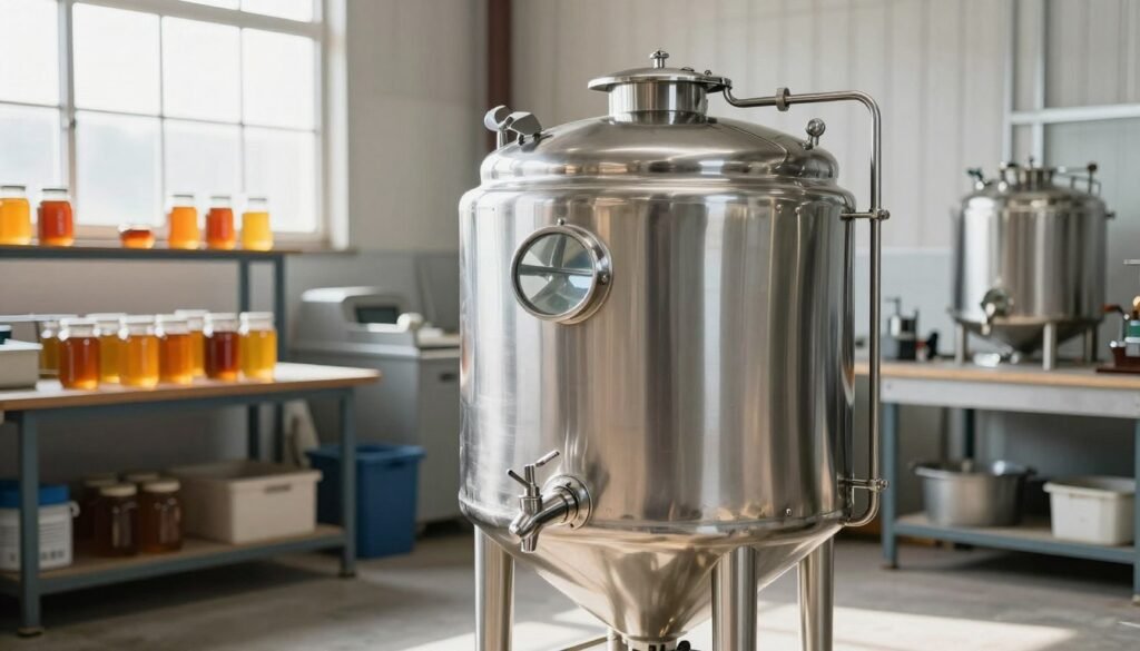 A polished stainless steel honey tank, elegantly designed, stands prominently in a well-lit workshop setting. In the foreground, the tank showcases its smooth, reflective surface, capturing light beautifully while emphasizing its functional spigot and clear sight glass. In the middle ground, the workshop features shelves with honey-processing equipment and various jars filled with golden honey, subtly hinting at the processing aspect. The background consists of large, sunlit windows that allow natural light to flow in, enhancing the clean, industrial atmosphere. The image is captured from a slightly elevated angle, creating depth and highlighting the tank's size relative to the surrounding equipment. The mood is professional and industrious, showcasing the balance between capacity and footprint in honey processing.