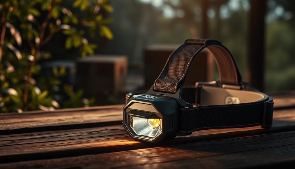A practical budget headlamp designed for outdoor enthusiasts, situated prominently in the foreground on a weathered wooden surface. The headlamp features adjustable straps and an energy-efficient LED bulb, showcasing its lightweight and user-friendly design. In the middle ground, a dimly lit setting simulates a low-light environment, with hints of green foliage and shadows that evoke a nighttime ambiance suitable for hive inspections. The background features soft, blurred silhouettes of trees, enhancing the sense of being outdoors. The image captures warm, diffuse lighting from the headlamp, highlighting the product’s features while casting gentle shadows, creating an inviting atmosphere that suggests reliability and comfort for occasional use. The focus is clear and sharp, emphasizing the headlamp’s details against the softly lit backdrop.
