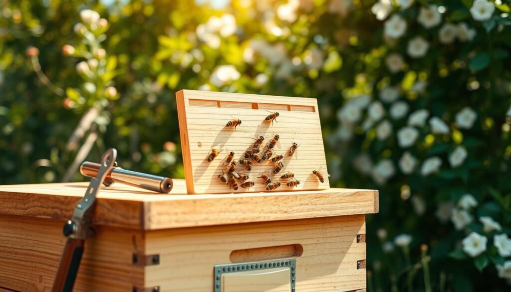 A pristine beehive setup on a sunny day, showcasing the installation of a bee escape board. In the foreground, a wooden hive with a clean finish and rustic details, accompanied by essential tools like a hive tool and smoker. The middle layer features a close-up of the bee escape board affixed to the hive, with bees observed gently fluttering around, illustrating the importance of proper ventilation and escaping. The background captures a lush garden with blooming flowers, enhancing the vibrant and serene atmosphere. Soft, natural lighting filters through the leaves, creating a warm glow that highlights the scene. The image focuses on clarity and precision, inviting beekeepers to appreciate the beauty and functionality of the hive equipment.