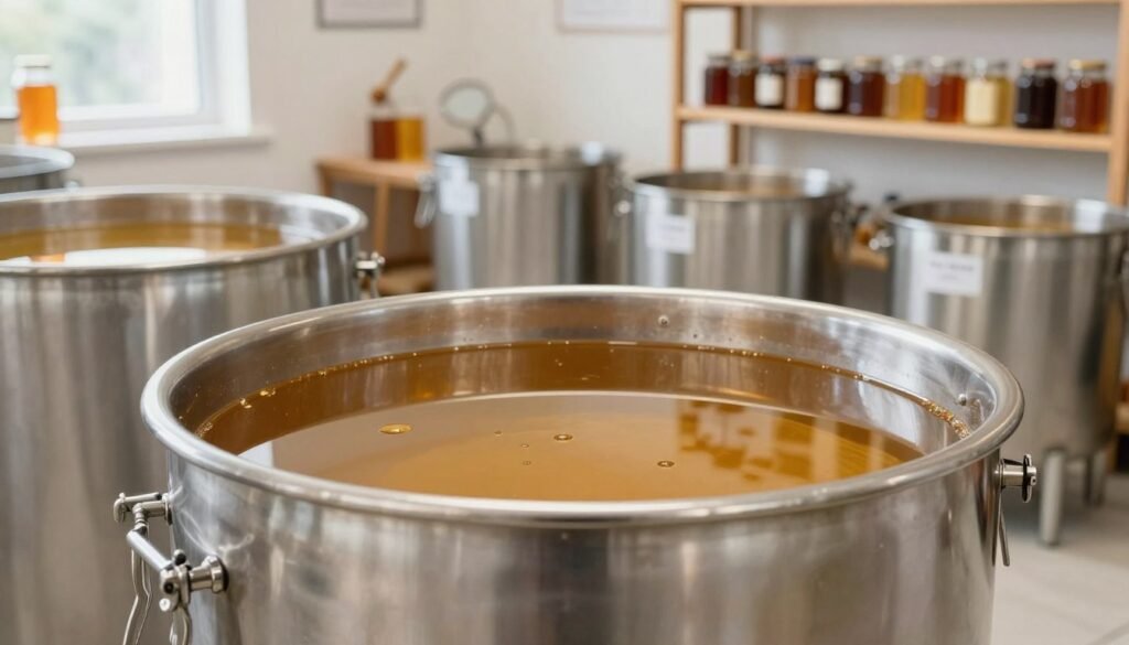 A pristine stainless steel honey settling tank, gleaming under soft, natural lighting, positioned prominently in the foreground. The sleek surface of the tank reflects the warm honey tones within, showcasing the different varietals blending harmoniously. In the middle ground, there are smaller stainless steel tanks of varying sizes, each containing distinct types of honey, labeled discreetly for clarity. The background features a tastefully arranged space resembling a modern apiary workshop, with honey extraction tools and jars neatly organized on wooden shelves. The scene is infused with a serene and professional atmosphere, suggesting efficiency and care in managing honey varietals. A slight depth of field emphasizes the foreground tank while keeping the details in the mid and background subtly visible, captured from a slightly elevated angle to provide a comprehensive view.