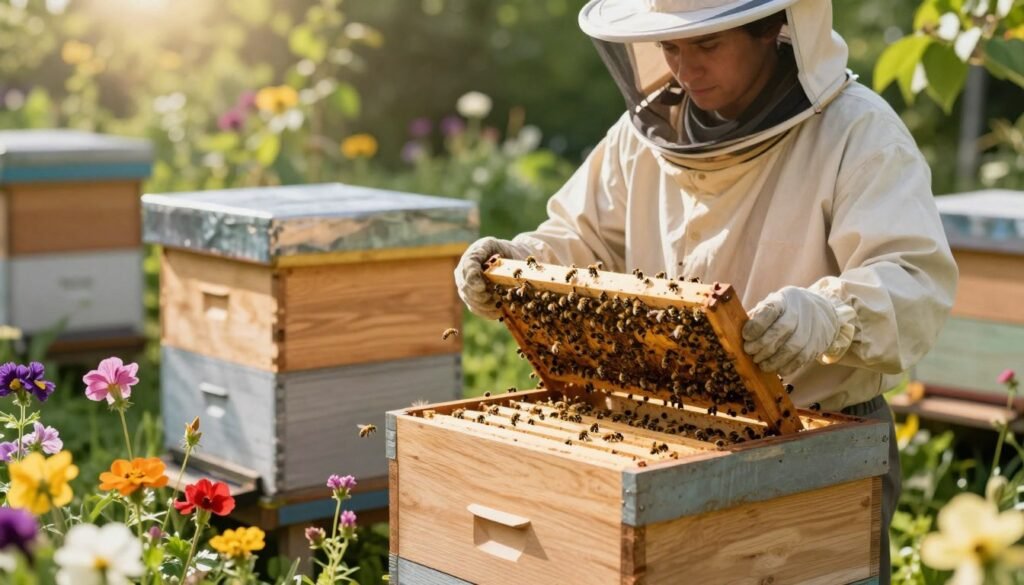 A pristine, well-maintained beehive set in a sunlit garden after the installation of package bees. In the foreground, a close-up reveals a colorful array of blooming flowers, providing a vibrant backdrop for the hive. The hive, constructed from natural wood, is slightly open, allowing a few bees to be seen happily buzzing around as they acclimate to their new home. In the middle ground, an attentive beekeeper, dressed in professional protective attire, monitors the hive, their expression focused and calm. Soft afternoon sunlight bathes the scene, creating warm highlights and gentle shadows, while the background features lush greenery, enhancing the serene atmosphere of careful observation and nurturing. The mood is peaceful and dedicated, conveying a sense of responsibility and care in beekeeping. A pristine, well-maintained beehive set in a sunlit garden after the installation of package bees. In the foreground, a close-up reveals a colorful array of blooming flowers, providing a vibrant backdrop for the hive. The hive, constructed from natural wood, is slightly open, allowing a few bees to be seen happily buzzing around as they acclimate to their new home. In the middle ground, an attentive beekeeper, dressed in professional protective attire, monitors the hive, their expression focused and calm. Soft afternoon sunlight bathes the scene, creating warm highlights and gentle shadows, while the background features lush greenery, enhancing the serene atmosphere of careful observation and nurturing. The mood is peaceful and dedicated, conveying a sense of responsibility and care in beekeeping.