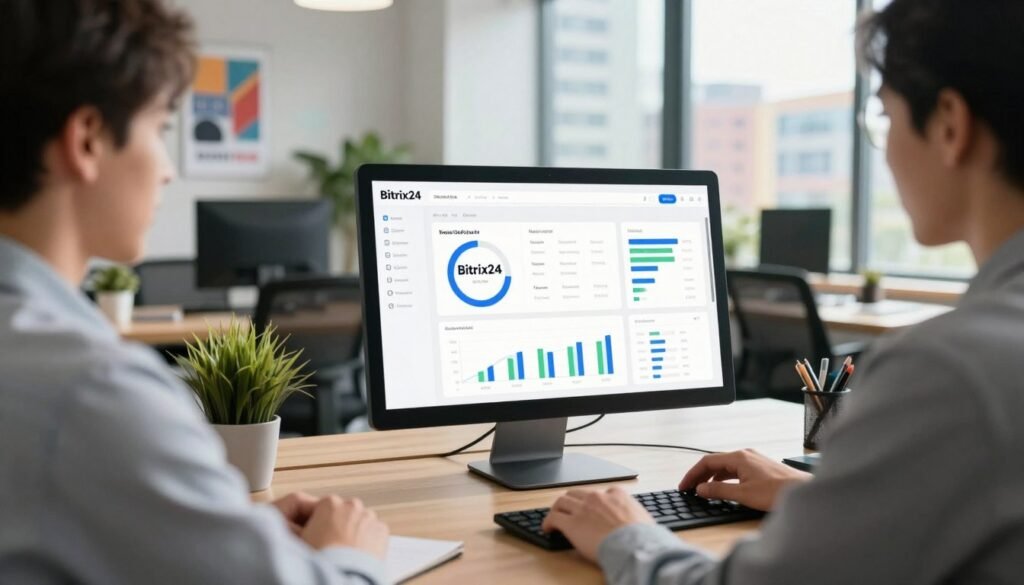 A professional, AI-powered sales assistant interface, seamlessly integrated within a modern office environment. In the foreground, a well-dressed businessperson, engaged with a sleek computer screen displaying analytics and sales metrics from Bitrix24. The middle ground features contemporary office décor, including a desk, plants, and motivational posters. The background shows large windows with natural light pouring in, highlighting a vibrant cityscape. The atmosphere is energetic and inspiring, filled with a sense of collaboration and innovation, symbolizing enhanced productivity. The lighting is bright and warm, with a focus on the computer screen, creating an inviting yet professional setting.