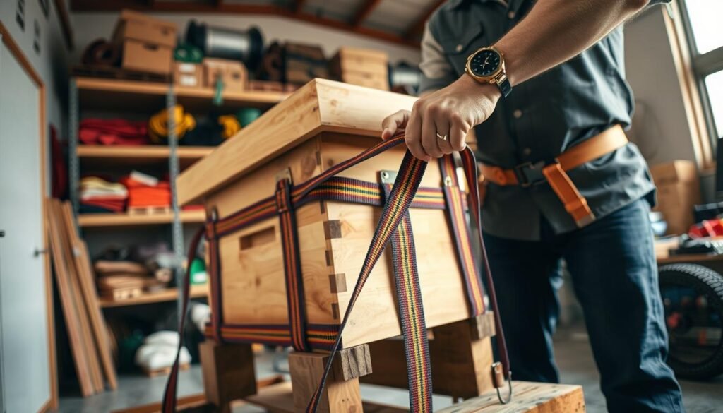 A professional advisor demonstrating the effective use of ratchet straps in a well-lit workshop environment. In the foreground, focus on a pair of hands adjusting a colorful ratchet strap with precision. The middle ground features a partially disassembled wooden hive secured with multiple straps, ensuring stability and safety. The background includes shelves with various types of ratchet straps and moving equipment, softly blurred to emphasize the expert's actions. Use natural lighting to create a warm and inviting atmosphere, highlighting the textures of the straps and the hive. Capture the scene from a low angle, providing an intimate perspective of the process, conveying expertise and diligence in securing loads for moving hives.