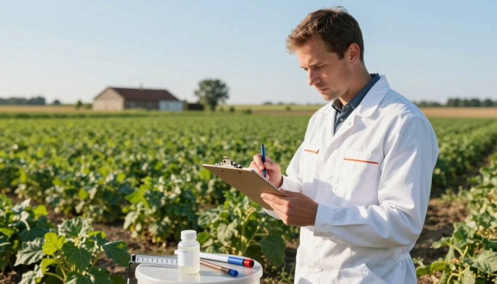 A professional agricultural technician in a smart, modest outfit stands outdoors under bright sunlight, using a clipboard to adjust application methods for formic acid treatment in summer conditions. In the foreground, he carefully examines a small container of formic acid, with measuring tools spread out beside him, emphasizing precision and safety. The middle ground features a lush green field, dotted with healthy plants under a clear blue sky, illustrating optimal growing conditions. In the background, a distant farmhouse and a few trees complete the rural landscape, enhancing the summer vibe. The lighting is natural and warm, casting soft shadows that reflect the midday sun, creating a focused and professional atmosphere that conveys the importance of adjusting methods for effective treatment.