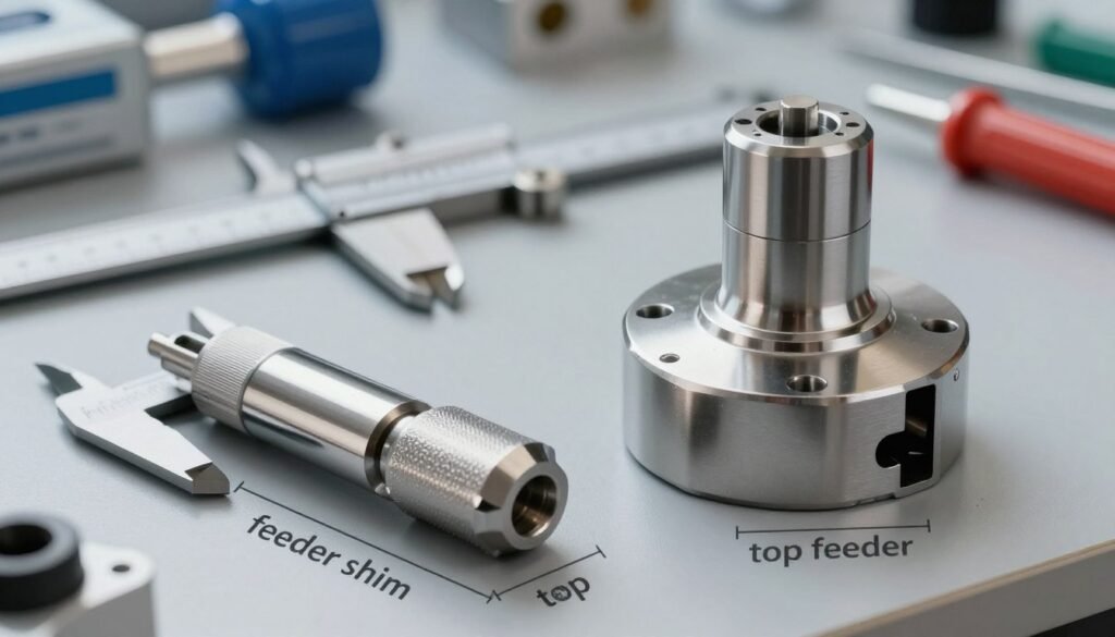 A professional and detailed comparison image showcasing a "feeder shim" and a "top feeder" side by side. In the foreground, feature a sleek, modern feeder shim, with its dimensions and texture clearly visible, made of high-quality metal, displaying intricate designs and a polished finish. Next to it, prominently present a top feeder, illustrating its unique design and functionality, with clear distinctions in shape and features. The middle ground should include measurement tools such as calipers or rulers to emphasize precision. In the background, a blurred workstation setting with tools and components related to feeder technologies enhances the technical aspect. Soft lighting illuminates the scene, creating a clear but professional atmosphere, shot from a slightly elevated angle to provide depth and clarity, allowing viewers to easily compare the two feeders. A professional and detailed comparison image showcasing a "feeder shim" and a "top feeder" side by side. In the foreground, feature a sleek, modern feeder shim, with its dimensions and texture clearly visible, made of high-quality metal, displaying intricate designs and a polished finish. Next to it, prominently present a top feeder, illustrating its unique design and functionality, with clear distinctions in shape and features. The middle ground should include measurement tools such as calipers or rulers to emphasize precision. In the background, a blurred workstation setting with tools and components related to feeder technologies enhances the technical aspect. Soft lighting illuminates the scene, creating a clear but professional atmosphere, shot from a slightly elevated angle to provide depth and clarity, allowing viewers to easily compare the two feeders.