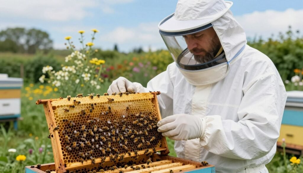 A professional apiary inspector in a light-colored protective suit with a veil, examining uncapped beehive cells filled with bees and larvae, stands in the foreground. The cheerful yellow and black hues of the bees contrast with the white suit, emphasizing their activity. In the middle ground, a close-up view of the uncapped cells reveals dead larvae among busy bees, appearing in natural light that softly highlights details. The background features a lush green garden with blooming flowers and a bright blue sky, creating a serene, educational atmosphere. The composition is shot at eye level, with a shallow depth of field that draws attention to the inspector and the hive. The mood is calm and informative, reflecting the importance of monitoring bee health.
