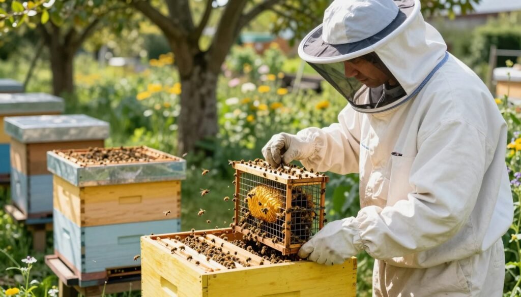 A professional beekeeper carefully introducing a new queen bee into a nuc and a full hive, showcasing best practices in bee management. In the foreground, the beekeeper, dressed in a white bee suit with a veil, holds a small queen cage with the queen inside, visibly distinct with a golden hue. In the middle ground, a vibrant nuc is shown with bees actively flying in and out, alongside a larger colony in a full hive, with bees clustered around its entrance. The background features a lush garden with wildflowers and soft sunlight filtering through the trees, casting gentle shadows. The atmosphere is calm and focused, emphasizing the importance of the queen's introduction for successful colony management. The scene is captured in natural light with a shallow depth of field, highlighting the beekeeper's careful attention.