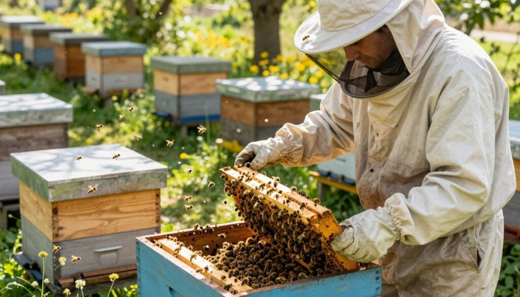 A professional beekeeper dressed in a light-colored, protective suit observes bee behavior while inspecting a hive in a sunny apiary. The foreground showcases the beekeeper gently lifting the hive lid, revealing a bustling colony of honeybees focused on their activities. The middle ground features a variety of hives, some wooden and others painted, with bees flying in and out, creating dynamic movement. In the background, lush green vegetation and wildflowers bloom, providing a natural habitat. Soft sunlight filters through the trees, casting dappled shadows on the ground, creating an atmosphere of tranquility and focus. Capture the scene from a slightly elevated angle to emphasize the harmony between the beekeeper and the bees, conveying a sense of careful management and observation.