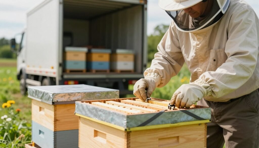 A professional beekeeper, dressed in modest casual clothing, is meticulously securing hive components for safe transport. In the foreground, close-up details of a well-constructed hive with straps and padding to ensure structural integrity are visible. The beekeeper is focused, using tools like latches and protective covers, highlighting their expertise. In the middle, a truck with an open cargo area is positioned, ready to load the hives, emphasizing the importance of careful handling. The background features a sunny outdoor setting, with lush greenery and a few distant flowers indicating a pollinator-friendly environment. Soft, natural lighting enhances the scene, creating a sense of calm and dedication towards safe hive management. The overall mood is professional and focused.