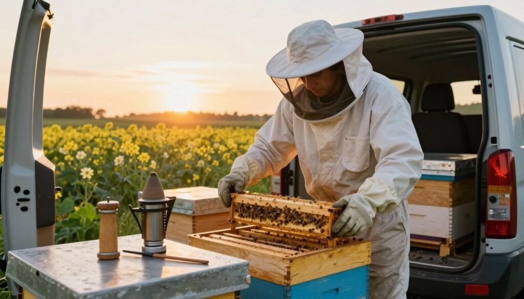 A professional beekeeper in a full protective suit, complete with gloves and a veil, carefully secures a hive for transport. The foreground features beekeeping tools like a smoker and hive tool, alongside an open transport vehicle ready for the move. In the middle, the beekeeper displays focused attention as they gently maneuver the beehive. The background shows an idyllic rural setting with flowering crops hinting at the importance of pollination. The sun is setting, casting a warm golden light that illuminates the scene, creating a peaceful yet diligent atmosphere. The angle highlights the beekeeper’s concentration and the robustness of the equipment, emphasizing safety and professionalism in the migratory process.