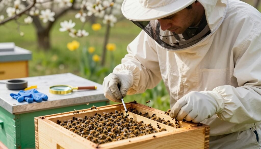 A professional beekeeper in a light, protective beekeeping suit, carefully inspecting a wooden package filled with queen bees in small compartments. The scene is set in a bright, outdoor environment with natural lighting highlighting the details on the package and the beekeeper’s focused expression. In the foreground, the beekeeper holds a small tool, gently prying open the lid of the package, while bees can be seen buzzing around, emphasizing the need for caution. In the middle ground, a clean workspace with tools and equipment for checking the bees, like a magnifying glass and gloves, is neatly arranged. The background features soft-focused blooming flowers and greenery, symbolizing the bees’ natural habitat. The overall mood is professional and methodical, capturing the careful nature of inspecting bee shipments.