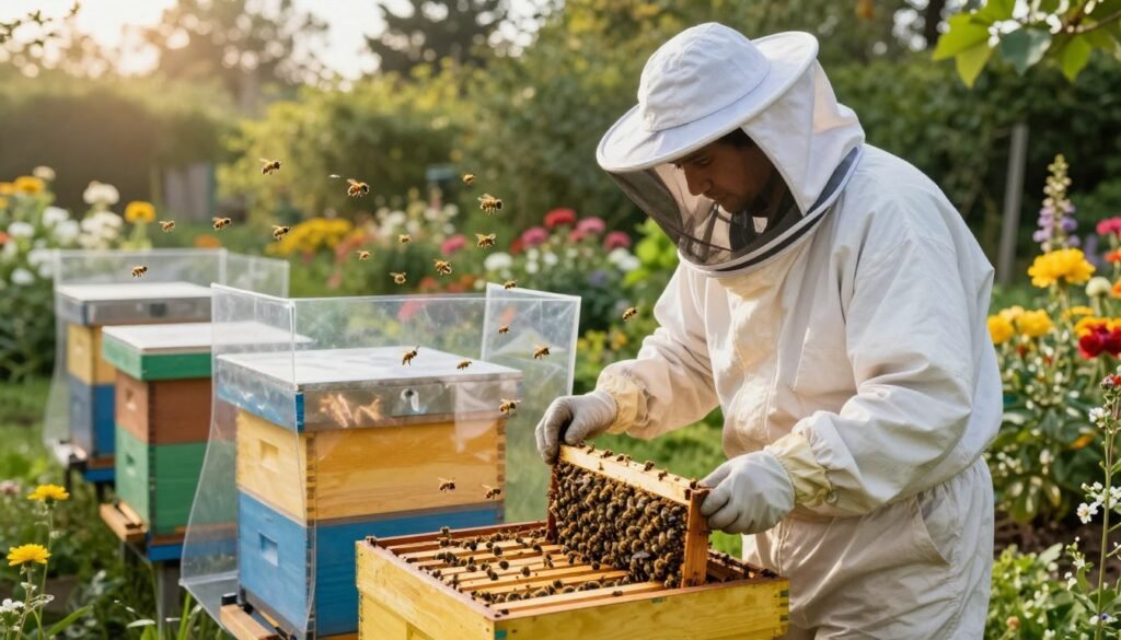 A professional beekeeper in a protective suit examines a quarantined hive in a lush garden setting, emphasizing barrier management practices. In the foreground, the beekeeper wears a full veil and gloves, diligently inspecting the hive while holding a frame with bees. The middle layer showcases a vibrant beehive surrounded by clear plastic barriers, with bright yellow and black bees busily flying around. The background features blooming flowers and green trees, softly illuminated by warm afternoon sunlight, creating a serene atmosphere. The angle is slightly above eye level, providing a clear view of the beekeeper's focused expression and the surrounding environment, highlighting best practices in managing hive health. A professional beekeeper in a protective suit examines a quarantined hive in a lush garden setting, emphasizing barrier management practices. In the foreground, the beekeeper wears a full veil and gloves, diligently inspecting the hive while holding a frame with bees. The middle layer showcases a vibrant beehive surrounded by clear plastic barriers, with bright yellow and black bees busily flying around. The background features blooming flowers and green trees, softly illuminated by warm afternoon sunlight, creating a serene atmosphere. The angle is slightly above eye level, providing a clear view of the beekeeper's focused expression and the surrounding environment, highlighting best practices in managing hive health.