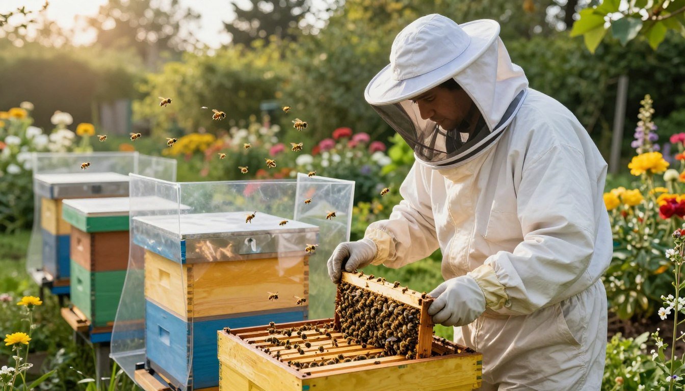 Beekeeper examining a quarantined hive, the standard precaution alongside antibiotic treatment for a colony with confirmed foulbrood