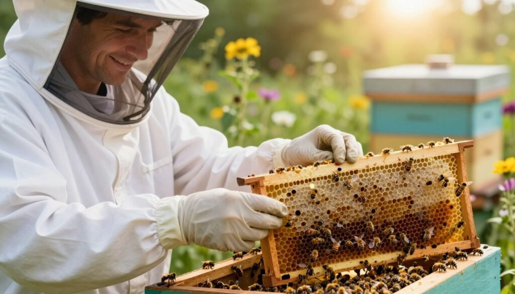 A professional beekeeper in a white suit with a veil carefully marks a queen bee using a colored paint dot, smiling as they handle the gentle creature. The foreground features the beekeeper's hands delicately holding the queen, showcasing intricate details of her vibrant, marked abdomen. In the middle ground, several bee frames filled with honeycomb and active worker bees surround them, illustrating a thriving hive environment. Sunlight filters through nearby flowers, casting a warm, inviting glow over the scene. In the background, lush greenery and a beehive are softly blurred, creating a calm and productive atmosphere. The image conveys a sense of care, expertise, and the importance of marking queens in the context of enhancing retail bee colonies.
