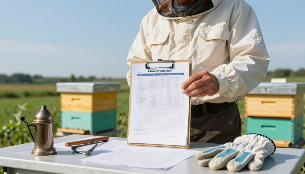 A professional beekeeper in business attire, standing confidently beside a table cluttered with beekeeping equipment, documents, and a clipboard. The foreground features various beekeeping tools such as a smoker, hive tool, and protective gloves. In the middle, the clipboard is open, showcasing a Varroa treatment record sheet filled with data and checkboxes, symbolizing regulatory compliance. The beekeeper is thoughtfully reviewing the sheet while surrounded by several neatly arranged honeybee hives, adding a sense of context. In the background, there's a clear blue sky and green fields, suggesting a safe and regulated outdoor environment. Soft natural lighting casts gentle shadows, creating an atmosphere of diligence and professionalism, evoking a sense of responsibility and compliance with state inspection requirements. A professional beekeeper in business attire, standing confidently beside a table cluttered with beekeeping equipment, documents, and a clipboard. The foreground features various beekeeping tools such as a smoker, hive tool, and protective gloves. In the middle, the clipboard is open, showcasing a Varroa treatment record sheet filled with data and checkboxes, symbolizing regulatory compliance. The beekeeper is thoughtfully reviewing the sheet while surrounded by several neatly arranged honeybee hives, adding a sense of context. In the background, there's a clear blue sky and green fields, suggesting a safe and regulated outdoor environment. Soft natural lighting casts gentle shadows, creating an atmosphere of diligence and professionalism, evoking a sense of responsibility and compliance with state inspection requirements.