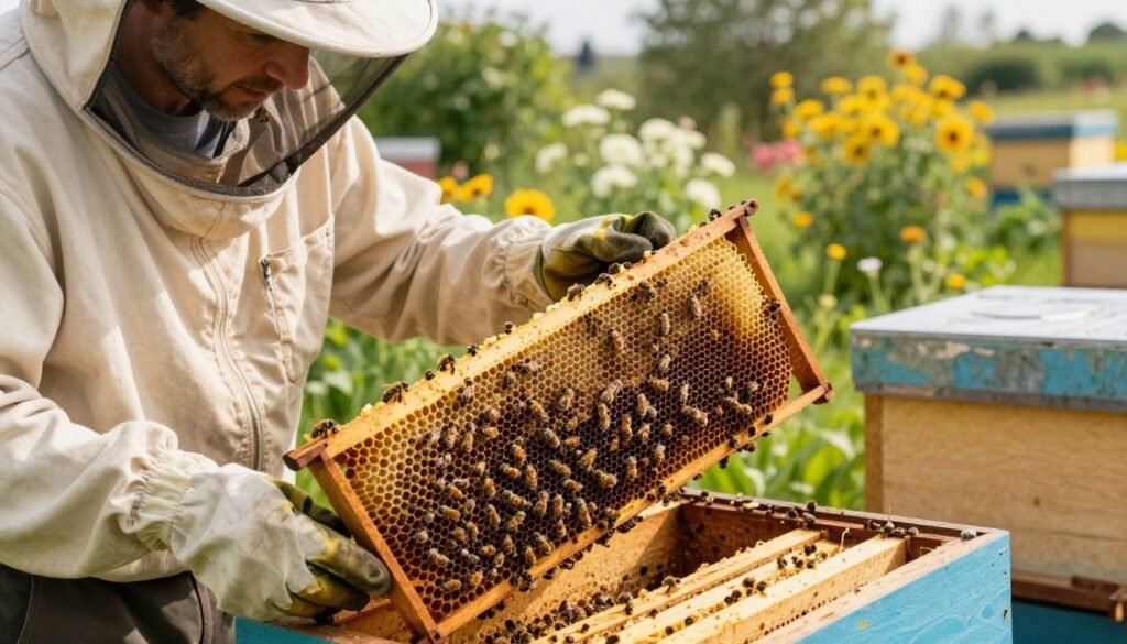 A professional beekeeper in modest casual clothing carefully inspecting a hive with foundationless frames, focusing on the finely constructed honeycomb and maintaining appropriate bee space. The foreground features the beekeeper's thoughtful expression and gloved hands gently measuring the distance between brood and honey storage. In the middle ground, the intricately drawn comb glistens under warm, natural sunlight, revealing thriving bees working diligently on both sides. The background showcases a vibrant apiary filled with blooming flowers and lush greenery, creating a serene atmosphere. The lighting is soft yet bright, evoking a sense of calm and focus. The angle captures a slightly elevated view of the scene, emphasizing the delicate balance of managing comb construction and bee space effectively. A professional beekeeper in modest casual clothing carefully inspecting a hive with foundationless frames, focusing on the finely constructed honeycomb and maintaining appropriate bee space. The foreground features the beekeeper's thoughtful expression and gloved hands gently measuring the distance between brood and honey storage. In the middle ground, the intricately drawn comb glistens under warm, natural sunlight, revealing thriving bees working diligently on both sides. The background showcases a vibrant apiary filled with blooming flowers and lush greenery, creating a serene atmosphere. The lighting is soft yet bright, evoking a sense of calm and focus. The angle captures a slightly elevated view of the scene, emphasizing the delicate balance of managing comb construction and bee space effectively.