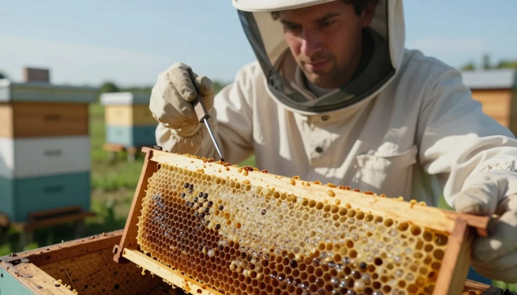 A professional beekeeper in modest casual clothing, intently examining a frame of honeycomb filled with queen cells, depicting the intricate queen cell lifecycle. In the foreground, detailed close-up of the queen cells, showcasing various stages of development—some empty, others filled with royal jelly. In the middle ground, the beekeeper holds a tool like a hive tool, with focus and determination on their face, surrounded by a well-organized apiary. In the background, wooden beehives under a clear blue sky with soft, natural lighting illuminating the scene, casting gentle shadows that add depth. The atmosphere should feel informative and engaging, conveying a sense of dedication to solving common issues in queen rearing. A professional beekeeper in modest casual clothing, intently examining a frame of honeycomb filled with queen cells