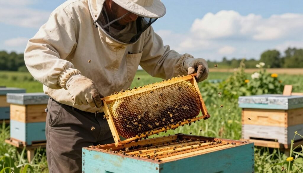 A professional beekeeper in modest casual clothing is carefully inspecting a beehive in a sunny apiary setting. In the foreground, the beekeeper uses a hive tool to gently remove a frame filled with drone brood, showcasing the intricate cells of honeycomb. The middle ground includes additional hives, each well-maintained, with healthy bees actively flying around. Lush greenery surrounds the apiary, indicating the vibrant season, while the background features a clear blue sky with light, fluffy clouds. The lighting is warm and natural, creating a sense of calm and focus during the brood removal process. The mood is serene and industrious, capturing the essential task of managing drone brood throughout the season. A professional beekeeper in modest casual clothing is carefully inspecting a beehive in a sunny apiary setting. In the foreground, the beekeeper uses a hive tool to gently remove a frame filled with drone brood, showcasing the intricate cells of honeycomb. The middle ground includes additional hives, each well-maintained, with healthy bees actively flying around. Lush greenery surrounds the apiary, indicating the vibrant season, while the background features a clear blue sky with light, fluffy clouds. The lighting is warm and natural, creating a sense of calm and focus during the brood removal process. The mood is serene and industrious, capturing the essential task of managing drone brood throughout the season.
