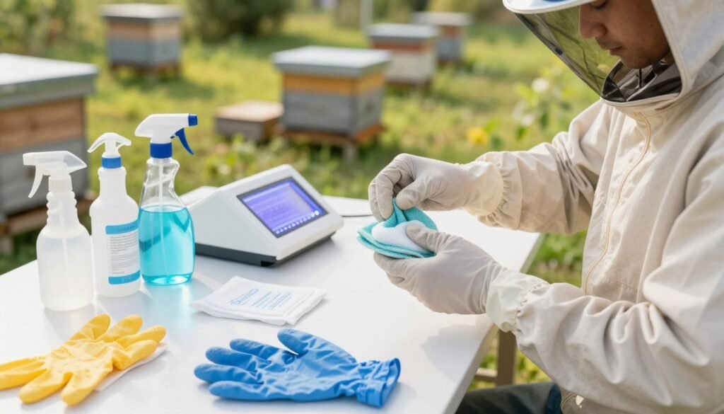 A professional beekeeper in modest casual clothing meticulously demonstrates material-specific cleaning techniques for disinfecting gloves. In the foreground, close-up views show gloves being cleaned with various disinfecting solutions, each labeled with their respective material compatibility. The middle layer features a well-organized workspace with cleaning supplies, including spray bottles, wipes, and a UV light for sanitizing. The background includes a gentle focus on an outdoor apiary setting with hives basking in soft, natural sunlight, creating a serene atmosphere. The lighting is bright yet soft, casting minimal shadows to emphasize cleanliness and safety. The overall mood is professional, focused, and educational, highlighting important practices for maintaining hygiene during hive inspections.